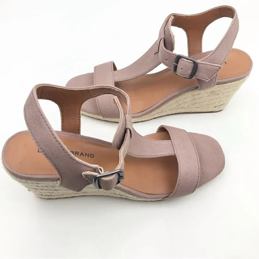 Lucky Brand Millinda Pink Espadrille T Strap Wedge Sandal in Antler Canvas